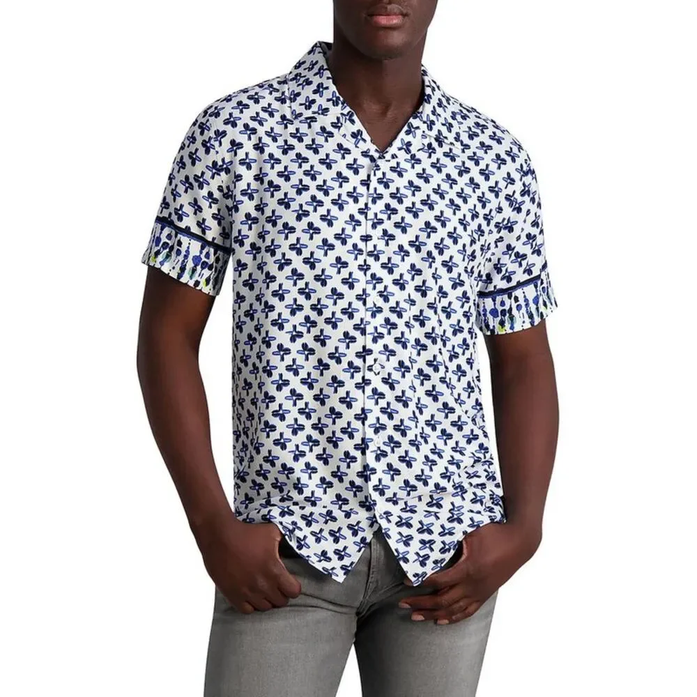 Karl Lagerfeld Paris Mens Blue Printed Short Sleeve Button-Down Shirt NWT